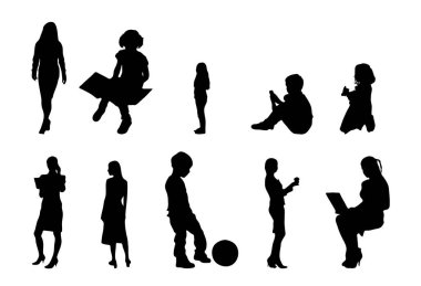 Vektör siluetleri, insanların ana hatları, Contour çizimleri, insanların siluetleri, ikon kümesi izole edilmiş, oturan insanların silueti, mimari set