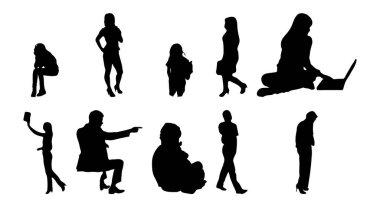 Vektör siluetleri, insanların ana hatları, Contour çizimleri, insanların siluetleri, ikon kümesi izole edilmiş, oturan insanların silueti, mimari set