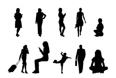 Vektör siluetleri, insanların ana hatları, Contour çizimleri, insanların siluetleri, ikon kümesi izole edilmiş, oturan insanların silueti, mimari set