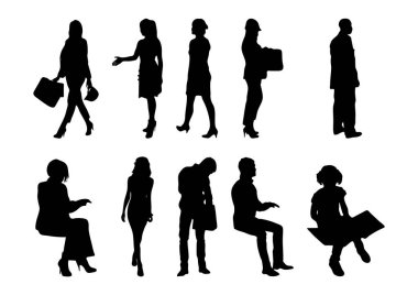 Vektör siluetleri, insanların ana hatları, Contour çizimleri, insanların siluetleri, ikon kümesi izole edilmiş, oturan insanların silueti, mimari set