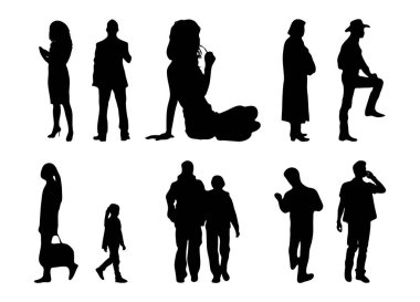 Vektör siluetleri, insanların ana hatları, Contour çizimleri, insanların siluetleri, ikon kümesi izole edilmiş, oturan insanların silueti, mimari set