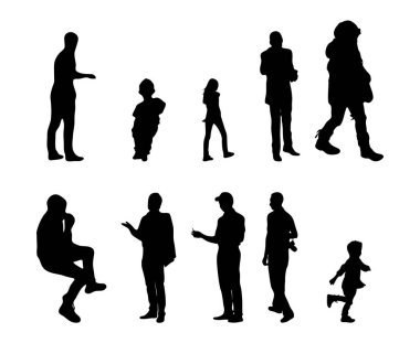 Vektör siluetleri, insanların ana hatları, Contour çizimleri, insanların siluetleri, ikon kümesi izole edilmiş, oturan insanların silueti, mimari set