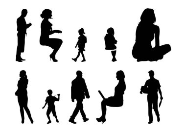 Vektör siluetleri, insanların ana hatları, Contour çizimleri, insanların siluetleri, ikon kümesi izole edilmiş, oturan insanların silueti, mimari set