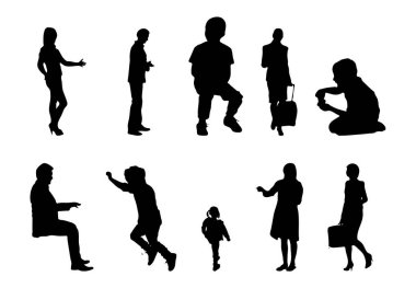 Vektör siluetleri, insanların ana hatları, Contour çizimleri, insanların siluetleri, ikon kümesi izole edilmiş, oturan insanların silueti, mimari set