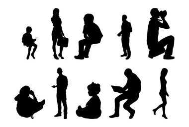 Vektör siluetleri, insanların ana hatları, Contour çizimleri, insanların siluetleri, ikon kümesi izole edilmiş, oturan insanların silueti, mimari set