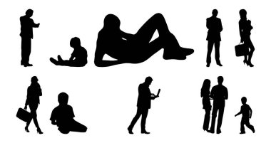 Vektör siluetleri, insanların ana hatları, Contour çizimleri, insanların siluetleri, ikon kümesi izole edilmiş, oturan insanların silueti, mimari set