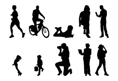 Vektör siluetleri, insanların ana hatları, Contour çizimleri, insanların siluetleri, ikon kümesi izole edilmiş, oturan insanların silueti, mimari set