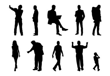 Vektör siluetleri, insanların ana hatları, Contour çizimleri, insanların siluetleri, ikon kümesi izole edilmiş, oturan insanların silueti, mimari set