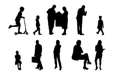 Vektör siluetleri, insanların ana hatları, Contour çizimleri, insanların siluetleri, ikon kümesi izole edilmiş, oturan insanların silueti, mimari set