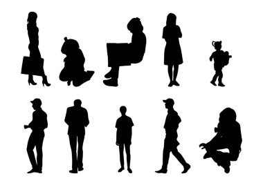 Vektör siluetleri, insanların ana hatları, Contour çizimleri, insanların siluetleri, ikon kümesi izole edilmiş, oturan insanların silueti, mimari set
