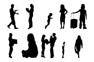 Vektör siluetleri, insanların ana hatları, Contour çizimleri, insanların siluetleri, ikon kümesi izole edilmiş, oturan insanların silueti, mimari set