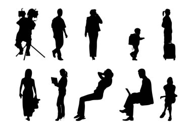 Vektör siluetleri, insanların ana hatları, Contour çizimleri, insanların siluetleri, ikon kümesi izole edilmiş, oturan insanların silueti, mimari set