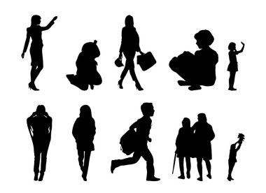 Vektör siluetleri, insanların ana hatları, Contour çizimleri, insanların siluetleri, ikon kümesi izole edilmiş, oturan insanların silueti, mimari set