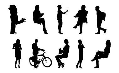 Vektör siluetleri, insanların ana hatları, Contour çizimleri, insanların siluetleri, ikon kümesi izole edilmiş, oturan insanların silueti, mimari set