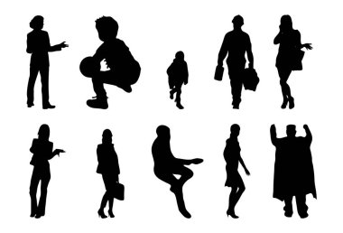 Vektör siluetleri, insanların ana hatları, Contour çizimleri, insanların siluetleri, ikon kümesi izole edilmiş, oturan insanların silueti, mimari set