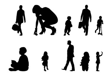 Vektör siluetleri, insanların ana hatları, Contour çizimleri, insanların siluetleri, ikon kümesi izole edilmiş, oturan insanların silueti, mimari set