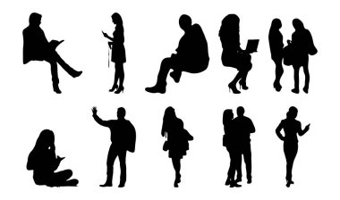 Vektör siluetleri, insanların ana hatları, Contour çizimleri, insanların siluetleri, ikon kümesi izole edilmiş, oturan insanların silueti, mimari set
