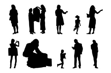 Vektör siluetleri, insanların ana hatları, Contour çizimleri, insanların siluetleri, ikon kümesi izole edilmiş, oturan insanların silueti, mimari set