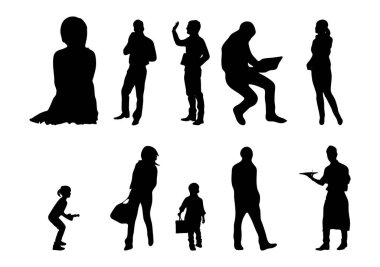 Vektör siluetleri, insanların ana hatları, Contour çizimleri, insanların siluetleri, ikon kümesi izole edilmiş, oturan insanların silueti, mimari set