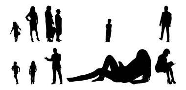 Vektör siluetleri, insanların ana hatları, Contour çizimleri, insanların siluetleri, ikon kümesi izole edilmiş, oturan insanların silueti, mimari set
