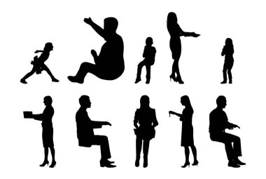 Vektör siluetleri, insanların ana hatları, Contour çizimleri, insanların siluetleri, ikon kümesi izole edilmiş, oturan insanların silueti, mimari set