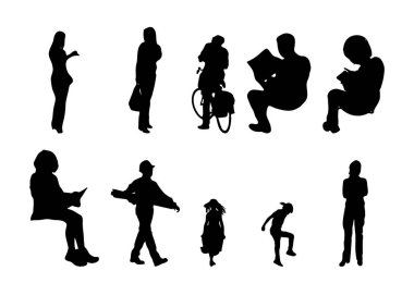 Vektör siluetleri, insanların ana hatları, Contour çizimleri, insanların siluetleri, ikon kümesi izole edilmiş, oturan insanların silueti, mimari set