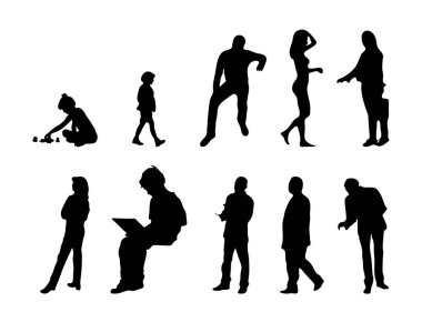 Vektör siluetleri, insanların ana hatları, Contour çizimleri, insanların siluetleri, ikon kümesi izole edilmiş, oturan insanların silueti, mimari set
