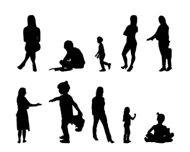 Vektör siluetleri, insanların ana hatları, Contour çizimleri, insanların siluetleri, ikon kümesi izole edilmiş, oturan insanların silueti, mimari set