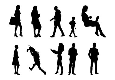 Vektör siluetleri, insanların ana hatları, Contour çizimleri, insanların siluetleri, ikon kümesi izole edilmiş, oturan insanların silueti, mimari set