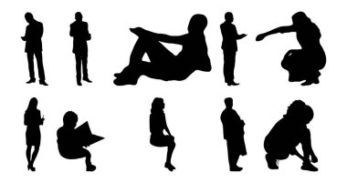 Vektör siluetleri, insanların ana hatları, Contour çizimleri, insanların siluetleri, ikon kümesi izole edilmiş, oturan insanların silueti, mimari set