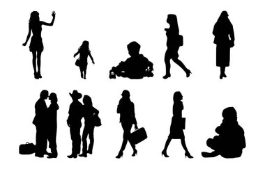 Vektör siluetleri, insanların ana hatları, Contour çizimleri, insanların siluetleri, ikon kümesi izole edilmiş, oturan insanların silueti, mimari set