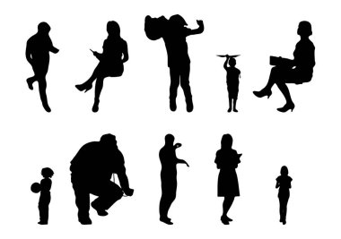 Vektör siluetleri, insanların ana hatları, Contour çizimleri, insanların siluetleri, ikon kümesi izole edilmiş, oturan insanların silueti, mimari set