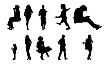 Vektör siluetleri, insanların ana hatları, Contour çizimleri, insanların siluetleri, ikon kümesi izole edilmiş, oturan insanların silueti, mimari set