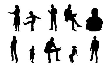 Vektör siluetleri, insanların ana hatları, Contour çizimleri, insanların siluetleri, ikon kümesi izole edilmiş, oturan insanların silueti, mimari set