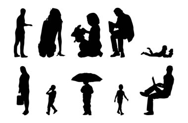 Vektör siluetleri, insanların ana hatları, Contour çizimleri, insanların siluetleri, ikon kümesi izole edilmiş, oturan insanların silueti, mimari set