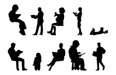 Vektör siluetleri, insanların ana hatları, Contour çizimleri, insanların siluetleri, ikon kümesi izole edilmiş, oturan insanların silueti, mimari set