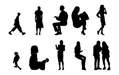 Vektör siluetleri, insanların ana hatları, Contour çizimleri, insanların siluetleri, ikon kümesi izole edilmiş, oturan insanların silueti, mimari set