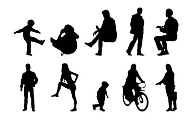 Vektör siluetleri, insanların ana hatları, Contour çizimleri, insanların siluetleri, ikon kümesi izole edilmiş, oturan insanların silueti, mimari set