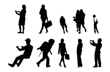Vektör siluetleri, insanların ana hatları, Contour çizimleri, insanların siluetleri, ikon kümesi izole edilmiş, oturan insanların silueti, mimari set