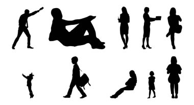 Vektör siluetleri, insanların ana hatları, Contour çizimleri, insanların siluetleri, ikon kümesi izole edilmiş, oturan insanların silueti, mimari set