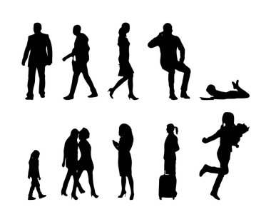 Vektör siluetleri, insanların ana hatları, Contour çizimleri, insanların siluetleri, ikon kümesi izole edilmiş, oturan insanların silueti, mimari set