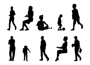 Vektör siluetleri, insanların ana hatları, Contour çizimleri, insanların siluetleri, ikon kümesi izole edilmiş, oturan insanların silueti, mimari set
