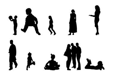 Vektör siluetleri, insanların ana hatları, Contour çizimleri, insanların siluetleri, ikon kümesi izole edilmiş, oturan insanların silueti, mimari set