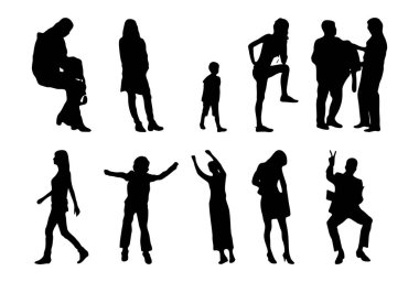 Vektör siluetleri, insanların ana hatları, Contour çizimleri, insanların siluetleri, ikon kümesi izole edilmiş, oturan insanların silueti, mimari set