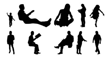 Vektör siluetleri, insanların ana hatları, Contour çizimleri, insanların siluetleri, ikon kümesi izole edilmiş, oturan insanların silueti, mimari set