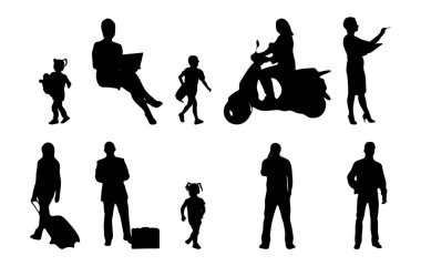 Vektör siluetleri, insanların ana hatları, Contour çizimleri, insanların siluetleri, ikon kümesi izole edilmiş, oturan insanların silueti, mimari set