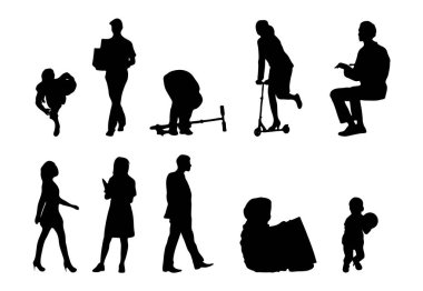 Vektör siluetleri, insanların ana hatları, Contour çizimleri, insanların siluetleri, ikon kümesi izole edilmiş, oturan insanların silueti, mimari set