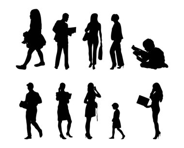 Vektör siluetleri, insanların ana hatları, Contour çizimleri, insanların siluetleri, ikon kümesi izole edilmiş, oturan insanların silueti, mimari set