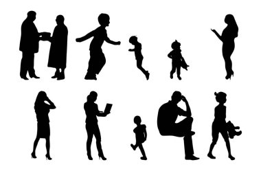 Vektör siluetleri, insanların ana hatları, Contour çizimleri, insanların siluetleri, ikon kümesi izole edilmiş, oturan insanların silueti, mimari set
