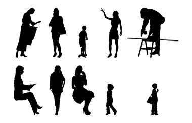 Vektör siluetleri, insanların ana hatları, Contour çizimleri, insanların siluetleri, ikon kümesi izole edilmiş, oturan insanların silueti, mimari set